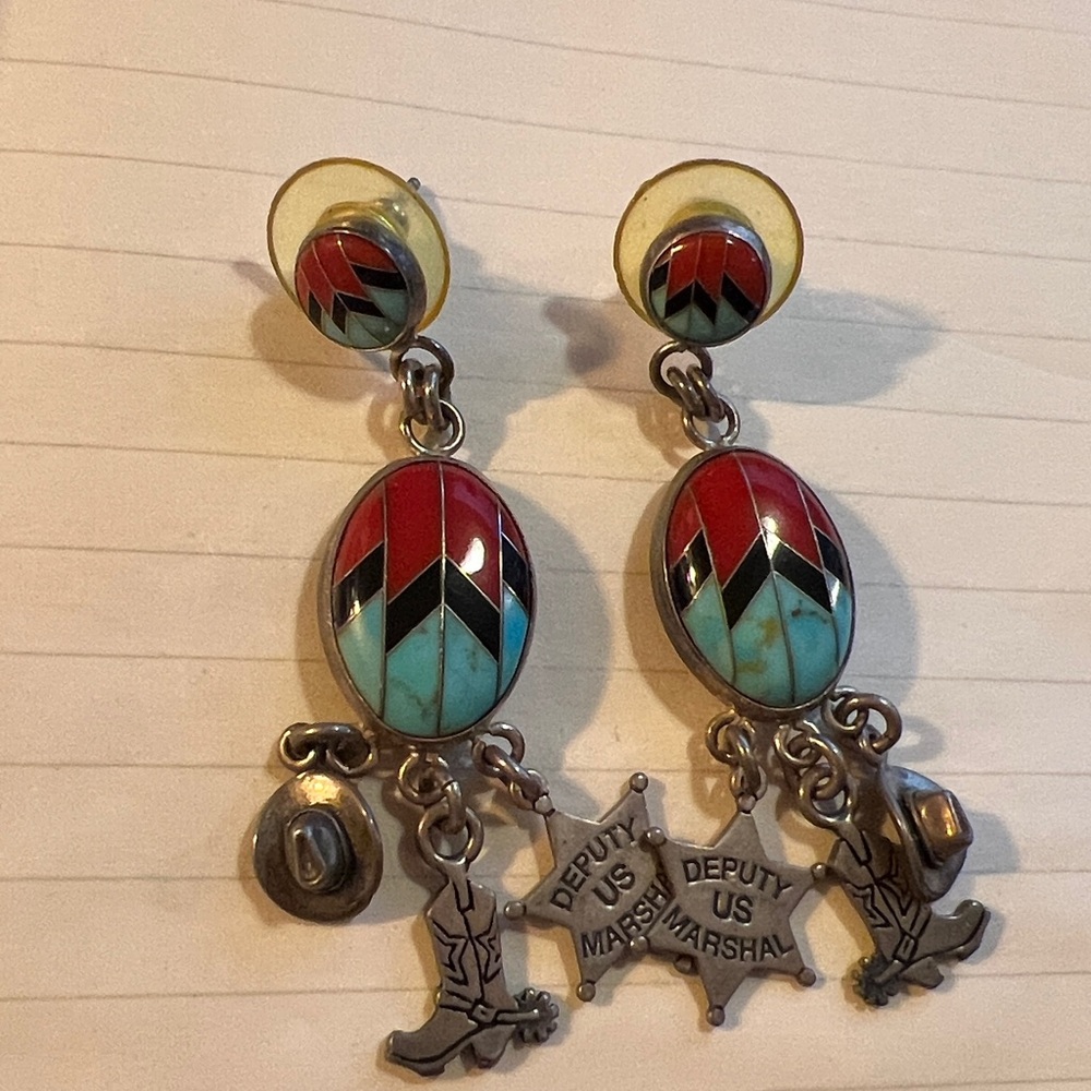 RARE Carolyn Pollack D.T. 925 Sterling Relios Dangle charms earrings turquoise